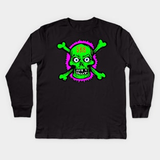 Neon Green Skull and Cross Bones 80s New Wave Style SK8 Skate Kids Long Sleeve T-Shirt